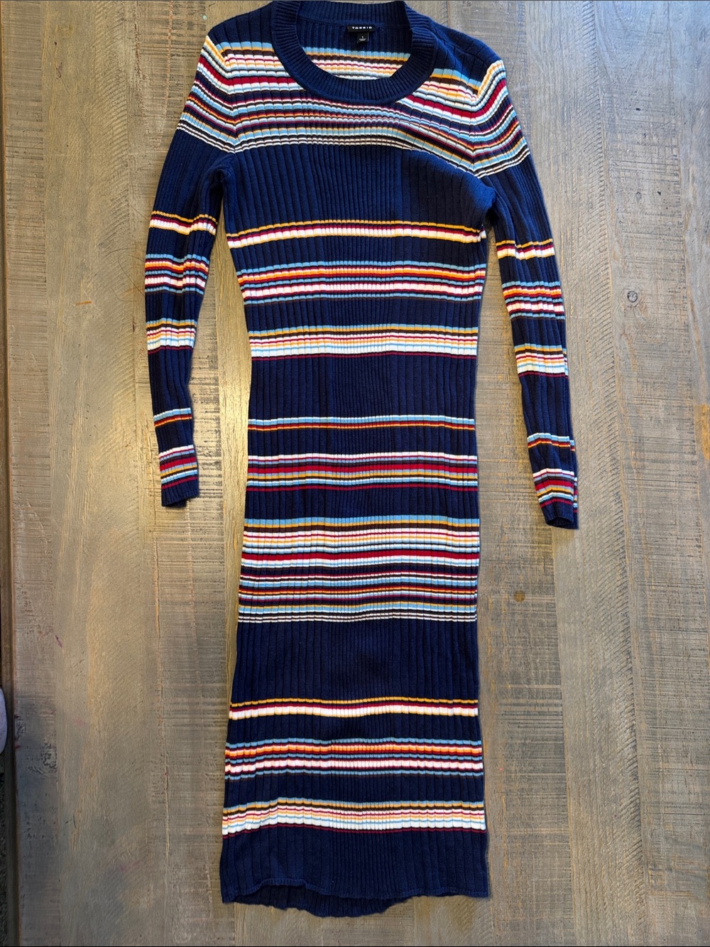 torrid Navy Ribbed Long-Sleeve Multistripe Dress